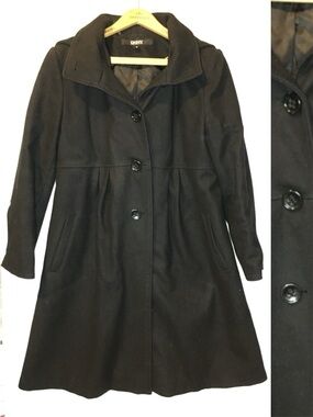 Black DKNY Wool Blend Flare Pea Coat with Removable Hood -8-